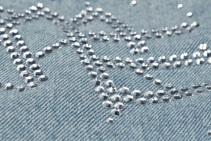 All Over Rhinestone Logo Studded Contrast Hem Washed Denim Straight Denim Shorts 29285809