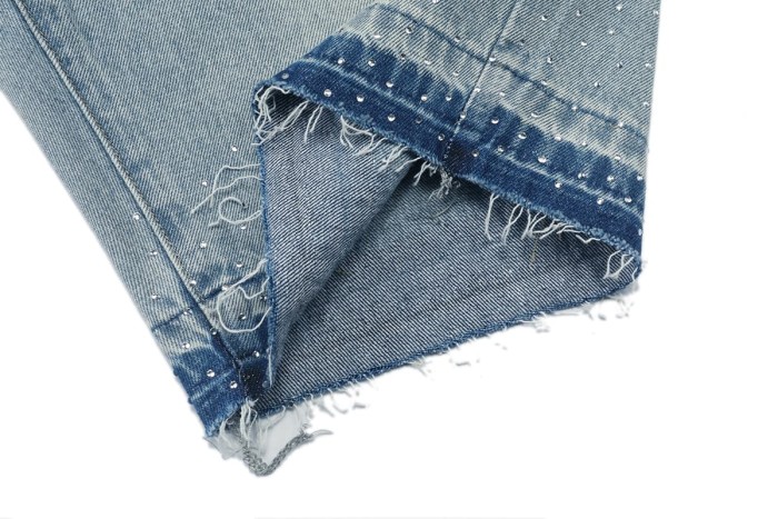 All Over Rhinestone Logo Studded Contrast Hem Washed Denim Straight Denim Shorts 29285809