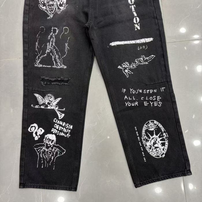 Full Graffiti Figure Print Ripped Distressed Washed Denim Men Wide Leg Straight Denim Jeans 2 colors 29285730