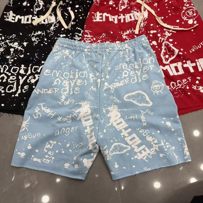 Splatter Graffiti Print Raw Hem Drawstring Terry Cloth Loose Sweat Shorts 4 colors 29285758