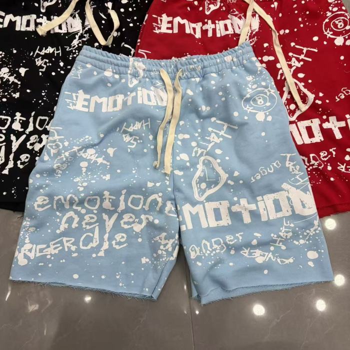Splatter Graffiti Print Raw Hem Drawstring Terry Cloth Loose Sweat Shorts 4 colors 29285758