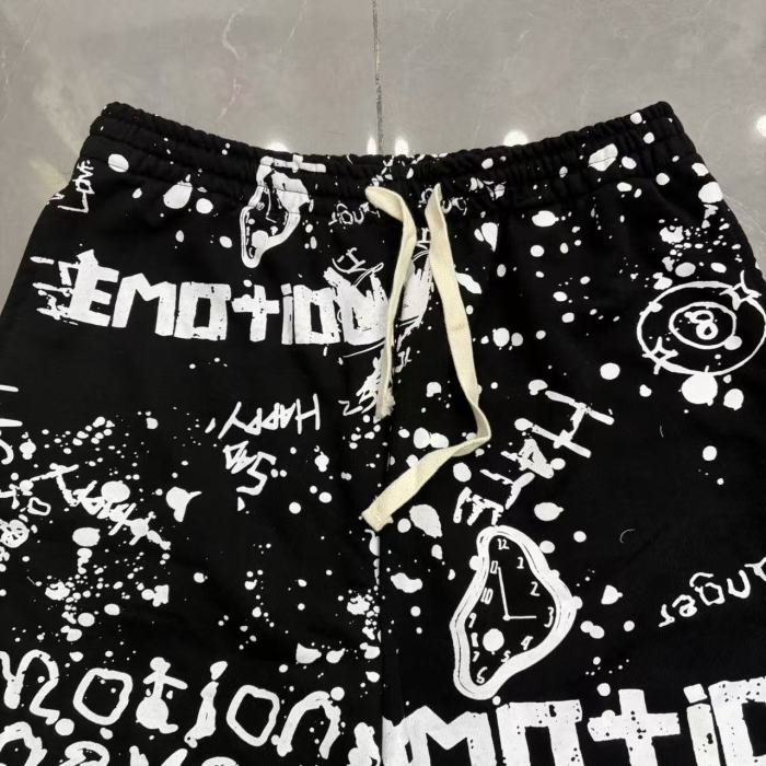 Splatter Graffiti Print Raw Hem Drawstring Terry Cloth Loose Sweat Shorts 4 colors 29285758