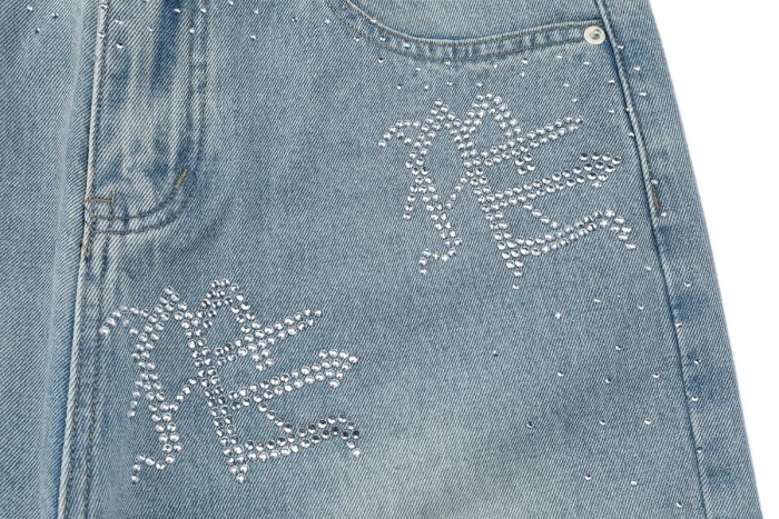 All Over Rhinestone Logo Studded Contrast Hem Washed Denim Straight Denim Shorts 29285809