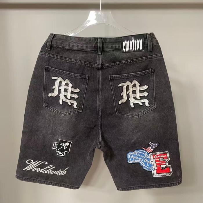 Multi Motif Patch Applique Embroidery Gothic Letter Towel Embroidery Washed Denim Shorts 29285831