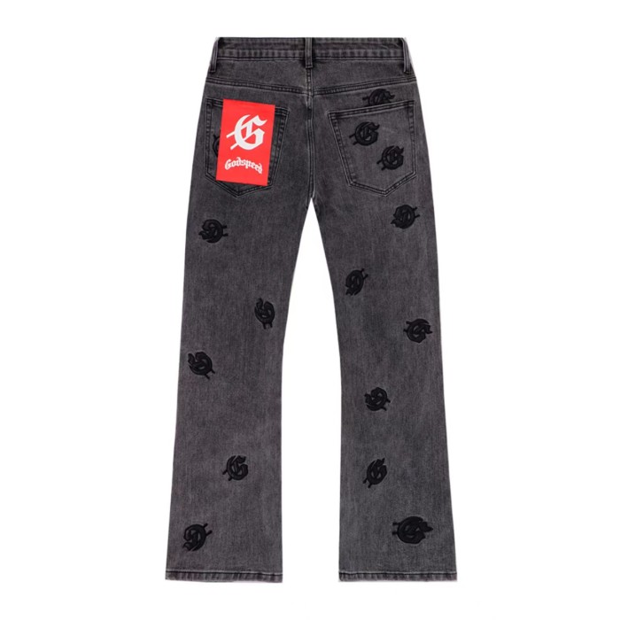 All Over Logo Embroidery Split Cuff Button Detail Acid Washed Flare Leg Jeans 3 colors 29285670