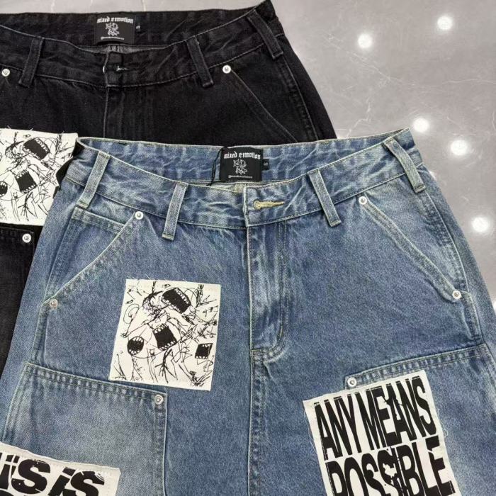Text Patch Applique Ripped Panel Washed Denim Loose Carpenter Denim Shorts 2 colors 29285779