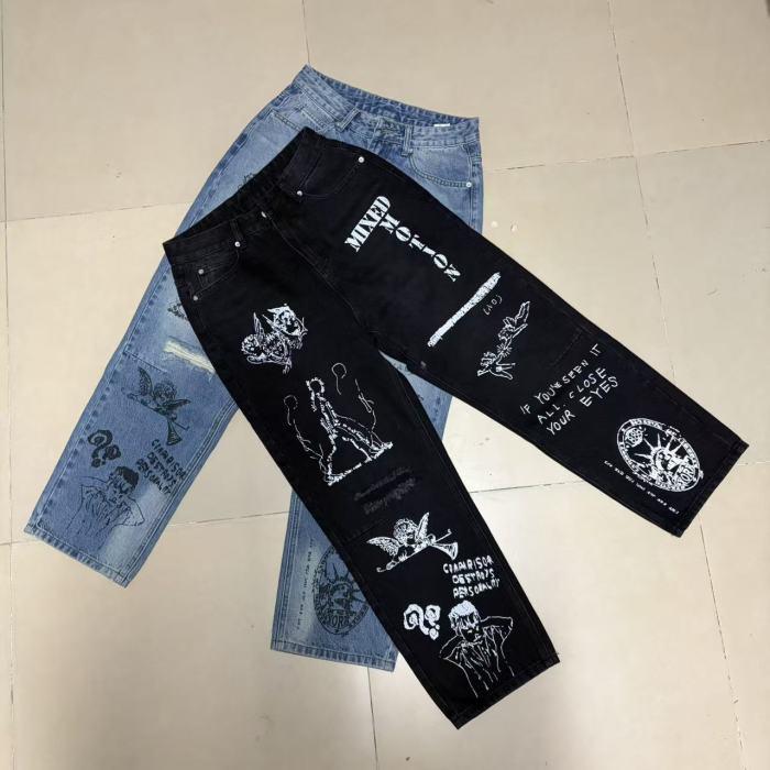 Full Graffiti Figure Print Ripped Distressed Washed Denim Men Wide Leg Straight Denim Jeans 2 colors 29285730