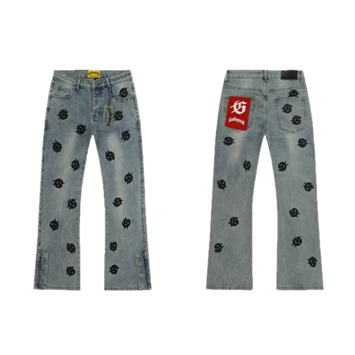 All Over Logo Embroidery Split Cuff Button Detail Acid Washed Flare Leg Jeans 3 colors 29285670