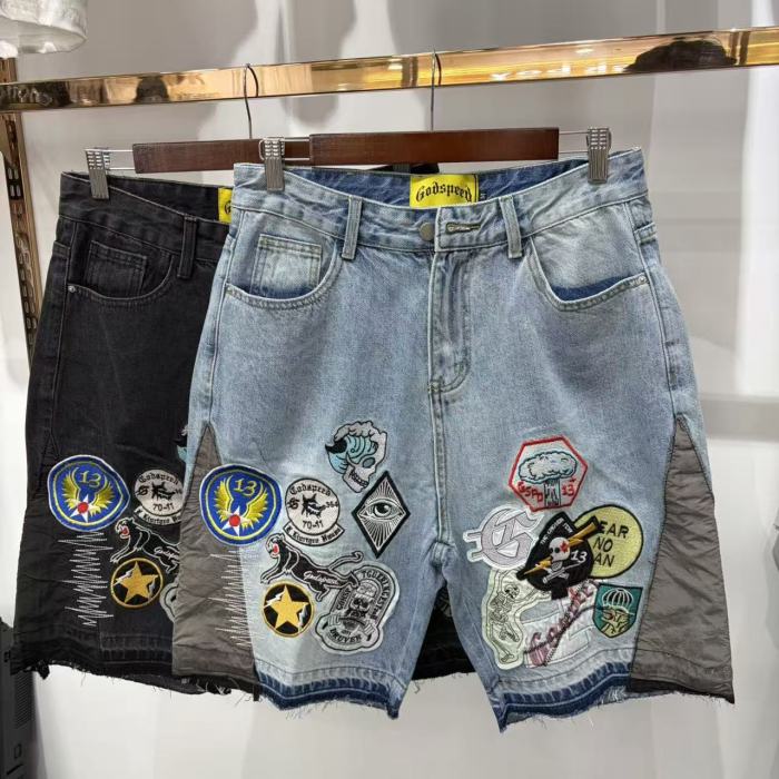 Multi Patches Embroidery Raw Hem Panel Washed Denim Shorts 2 colors 29285654