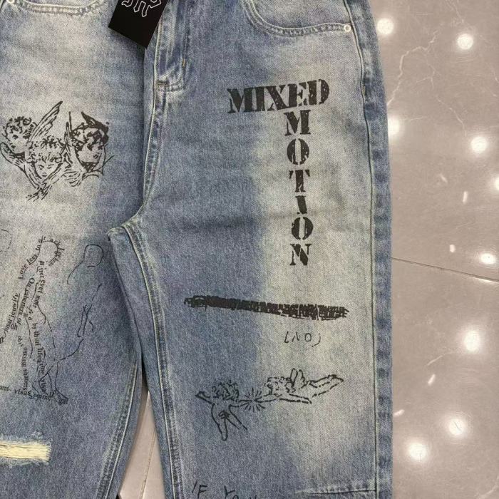 Full Graffiti Figure Print Ripped Distressed Washed Denim Men Wide Leg Straight Denim Jeans 2 colors 29285730
