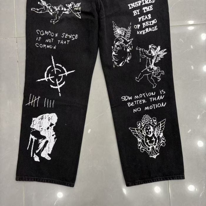 Full Graffiti Figure Print Ripped Distressed Washed Denim Men Wide Leg Straight Denim Jeans 2 colors 29285730