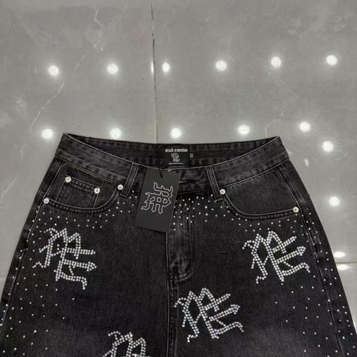 All Over Logo Rhinestone Studded Splash Hotfix Drill Frayed Raw Hem Denim Shorts 29285786