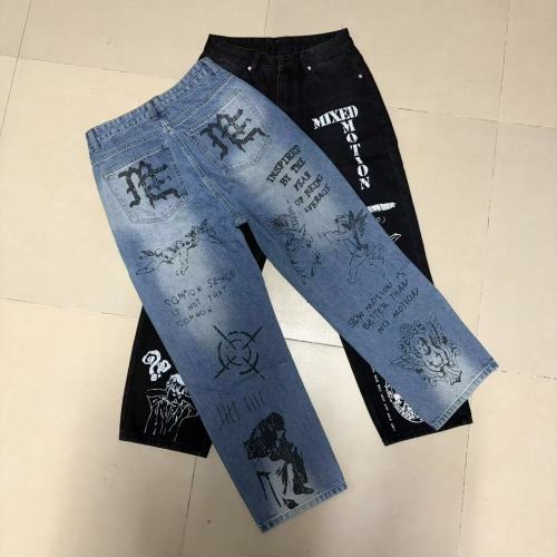 Full Graffiti Figure Print Ripped Distressed Washed Denim Men Wide Leg Straight Denim Jeans 2 colors 29285730