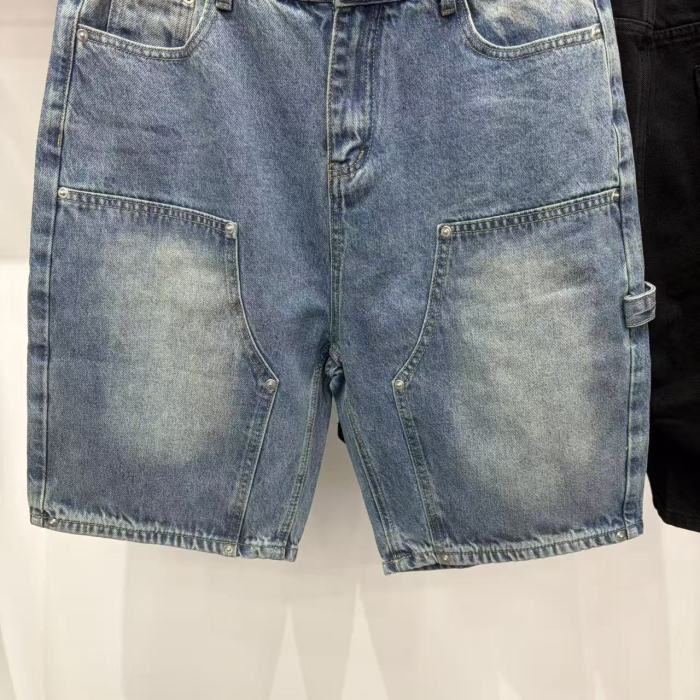 Double Front Pocket Rivet Stitch Panel Washed Men Carpenter Five Inch Denim Shorts 2 colors 29285744