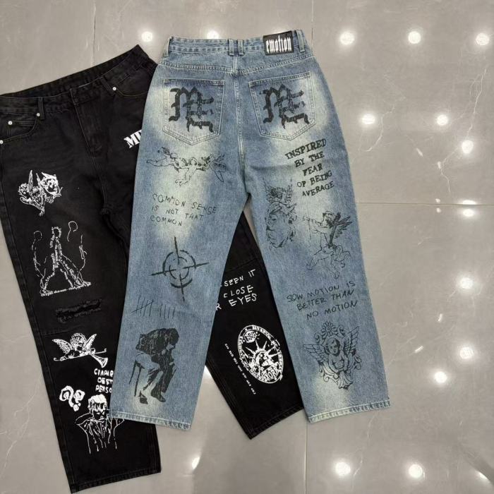 Full Graffiti Figure Print Ripped Distressed Washed Denim Men Wide Leg Straight Denim Jeans 2 colors 29285730