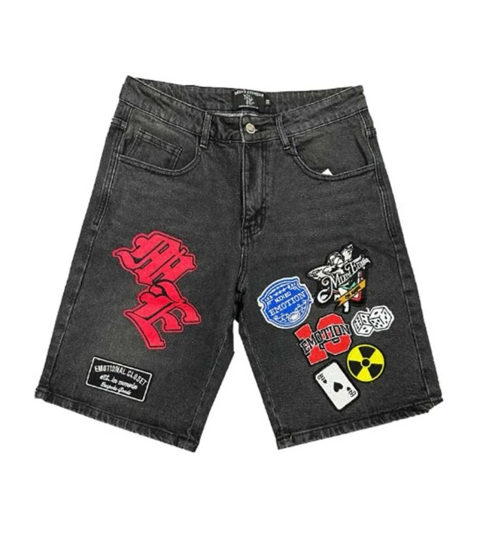 Multi Motif Patch Applique Embroidery Gothic Letter Towel Embroidery Washed Denim Shorts 29285831