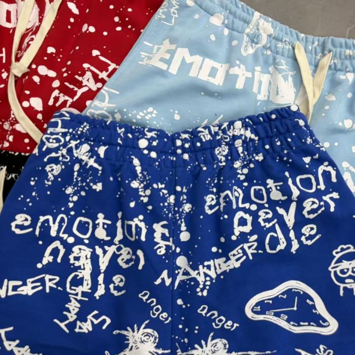 Splatter Graffiti Print Raw Hem Drawstring Terry Cloth Loose Sweat Shorts 4 colors 29285758