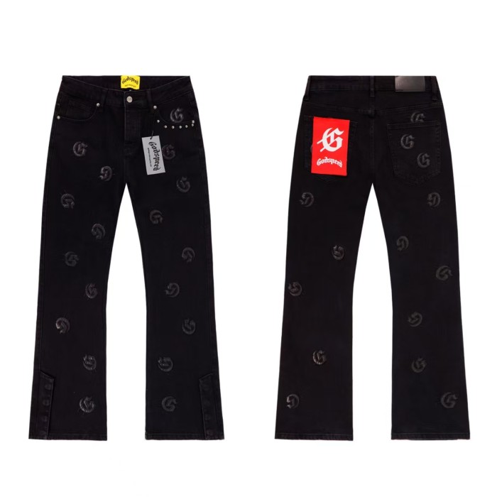 All Over Logo Embroidery Split Cuff Button Detail Acid Washed Flare Leg Jeans 3 colors 29285670