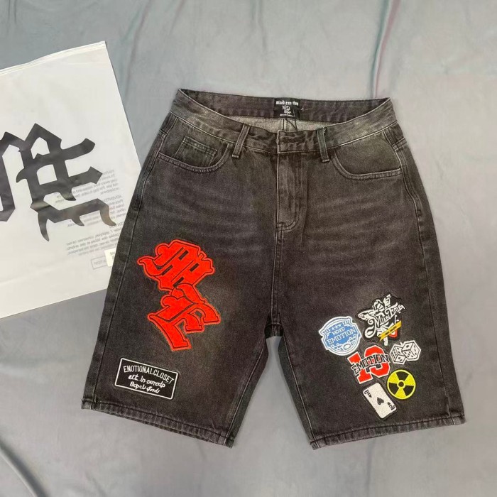 Multi Motif Patch Applique Embroidery Gothic Letter Towel Embroidery Washed Denim Shorts 29285831