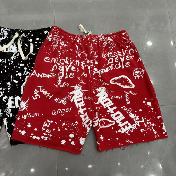 Splatter Graffiti Print Raw Hem Drawstring Terry Cloth Loose Sweat Shorts 4 colors 29285758