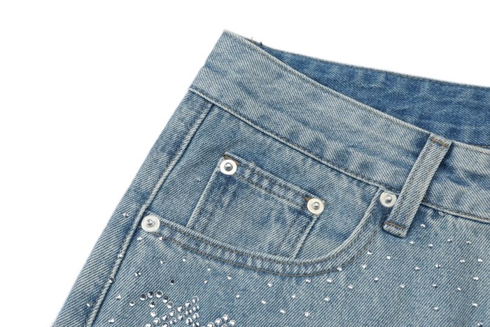 All Over Rhinestone Logo Studded Contrast Hem Washed Denim Straight Denim Shorts 29285809
