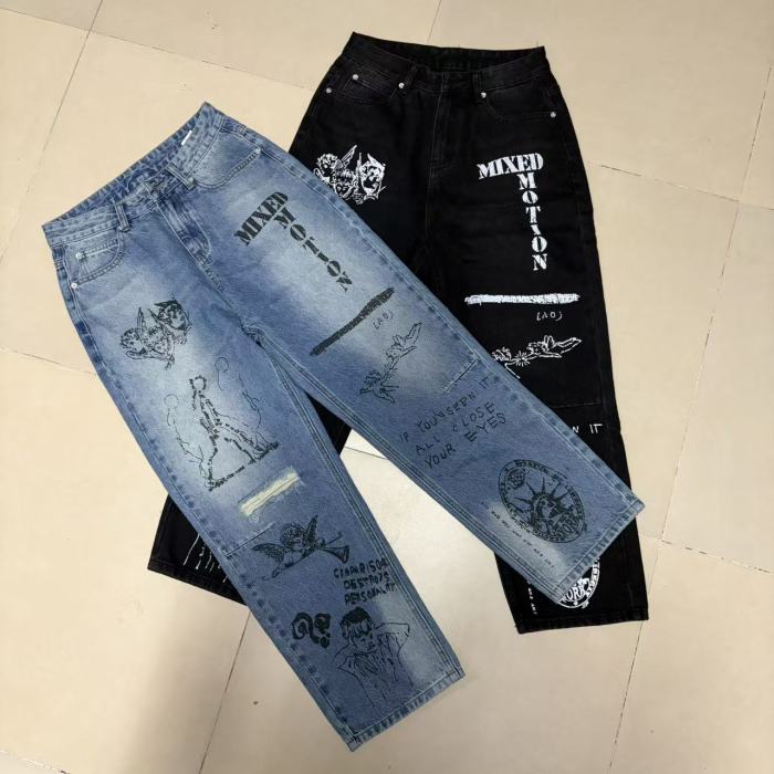 Full Graffiti Figure Print Ripped Distressed Washed Denim Men Wide Leg Straight Denim Jeans 2 colors 29285730