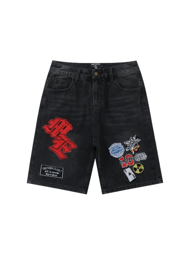 Multi Motif Patch Applique Embroidery Gothic Letter Towel Embroidery Washed Denim Shorts 29285831