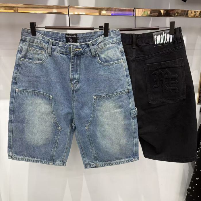 Double Front Pocket Rivet Stitch Panel Washed Men Carpenter Five Inch Denim Shorts 2 colors 29285744