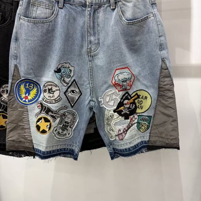 Multi Patches Embroidery Raw Hem Panel Washed Denim Shorts 2 colors 29285654