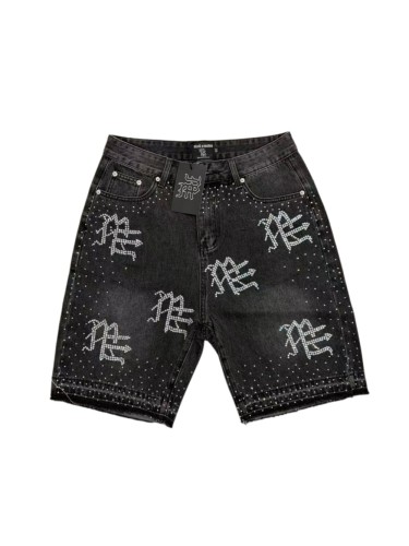 All Over Logo Rhinestone Studded Splash Hotfix Drill Frayed Raw Hem Denim Shorts 29285786