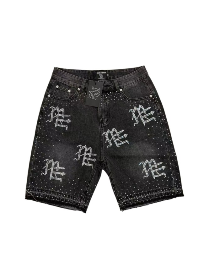 All Over Logo Rhinestone Studded Splash Hotfix Drill Frayed Raw Hem Denim Shorts 29285786