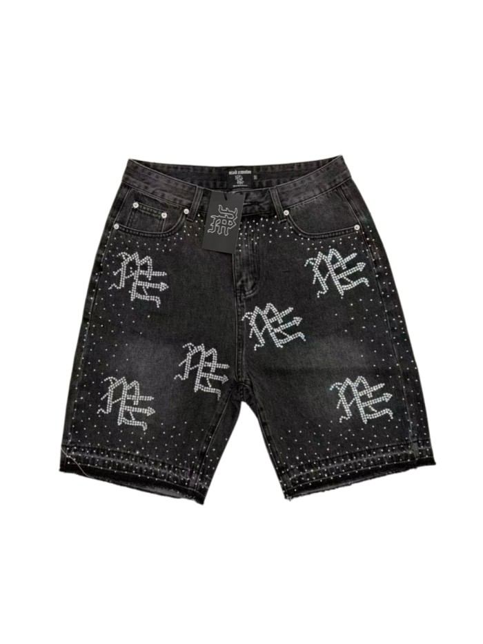 All Over Logo Rhinestone Studded Splash Hotfix Drill Frayed Raw Hem Denim Shorts 29285786