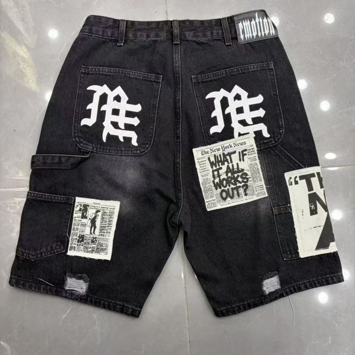 Text Patch Applique Ripped Panel Washed Denim Loose Carpenter Denim Shorts 2 colors 29285779