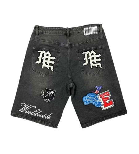 Multi Motif Patch Applique Embroidery Gothic Letter Towel Embroidery Washed Denim Shorts 29285831