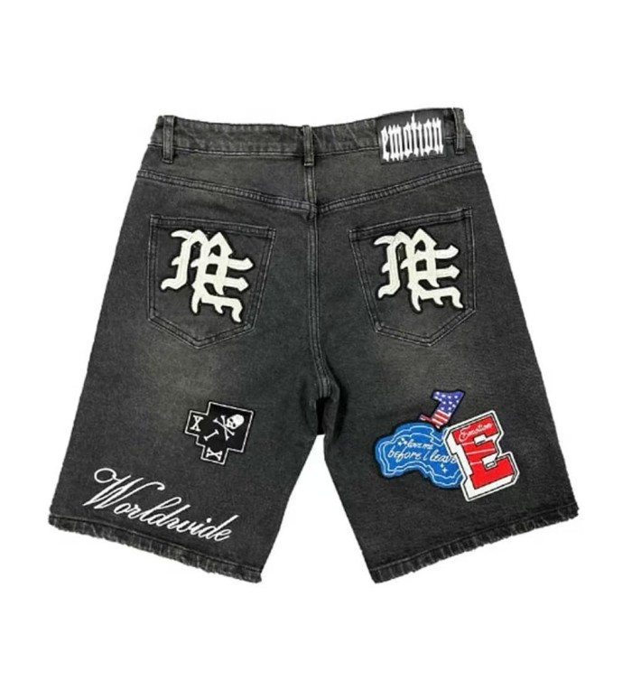 Multi Motif Patch Applique Embroidery Gothic Letter Towel Embroidery Washed Denim Shorts 29285831
