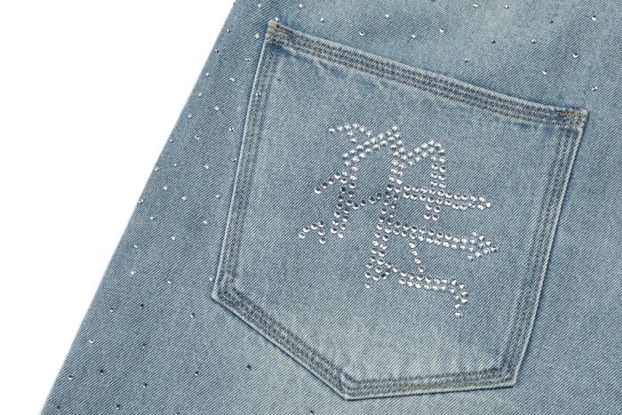 All Over Rhinestone Logo Studded Contrast Hem Washed Denim Straight Denim Shorts 29285809