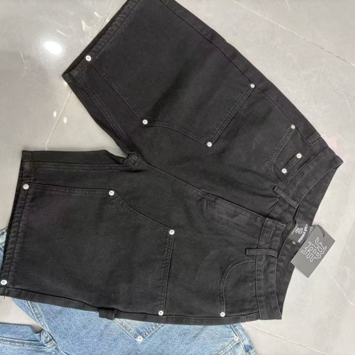 Double Front Pocket Rivet Stitch Panel Washed Men Carpenter Five Inch Denim Shorts 2 colors 29285744