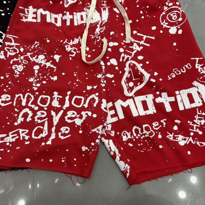 Splatter Graffiti Print Raw Hem Drawstring Terry Cloth Loose Sweat Shorts 4 colors 29285758