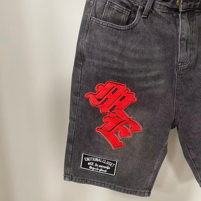 Multi Motif Patch Applique Embroidery Gothic Letter Towel Embroidery Washed Denim Shorts 29285831