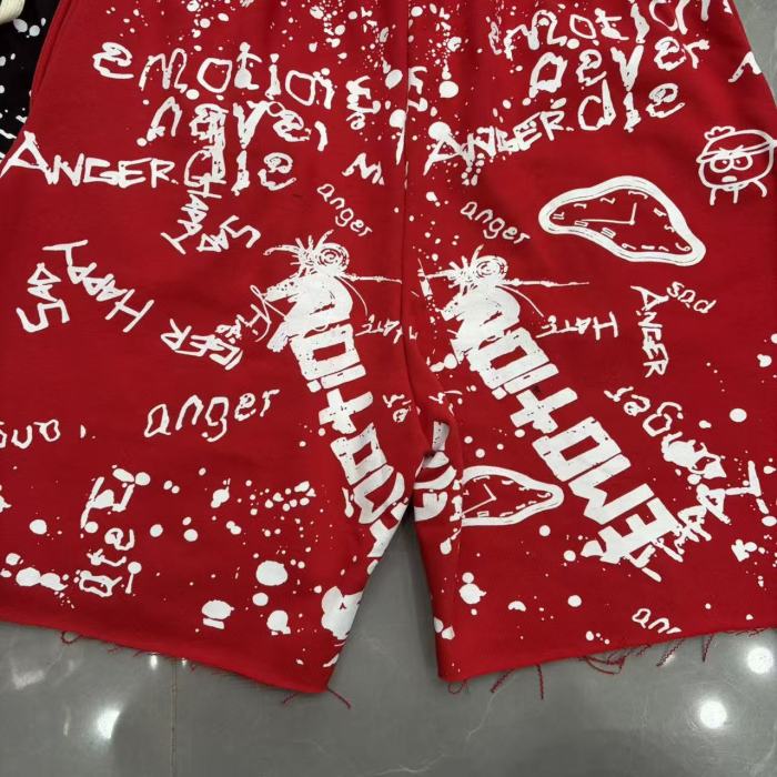 Splatter Graffiti Print Raw Hem Drawstring Terry Cloth Loose Sweat Shorts 4 colors 29285758