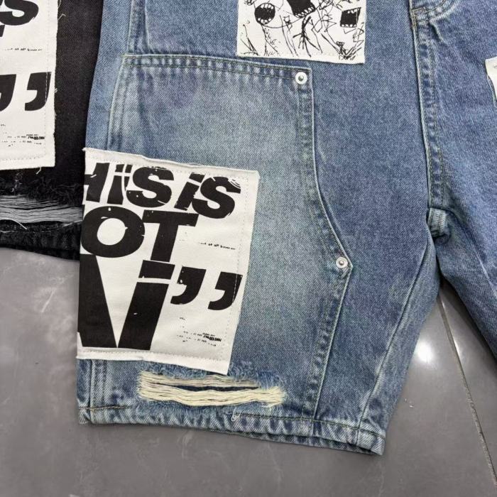 Text Patch Applique Ripped Panel Washed Denim Loose Carpenter Denim Shorts 2 colors 29285779