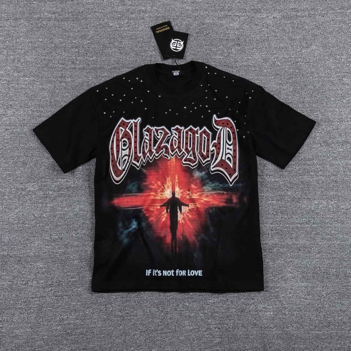 Dark High Street Neck Rhinestone Cross Silhouette Slogan Double Sided Print T-Shirt 29287062