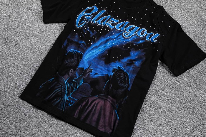 Neck Rhinestone Galaxy Stargazing Figure Logo Double Sided Print T-Shirt 29287076