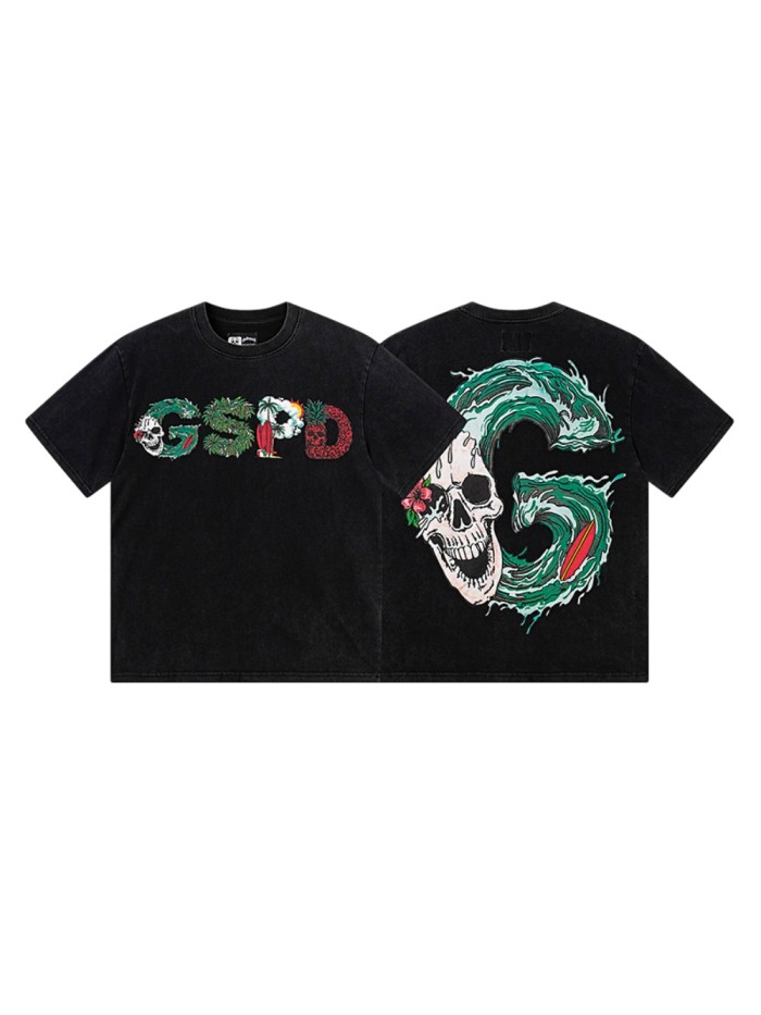 Tropical Wave Surf Skull Hibiscus Double Sided Print Oversized Tee 29287359