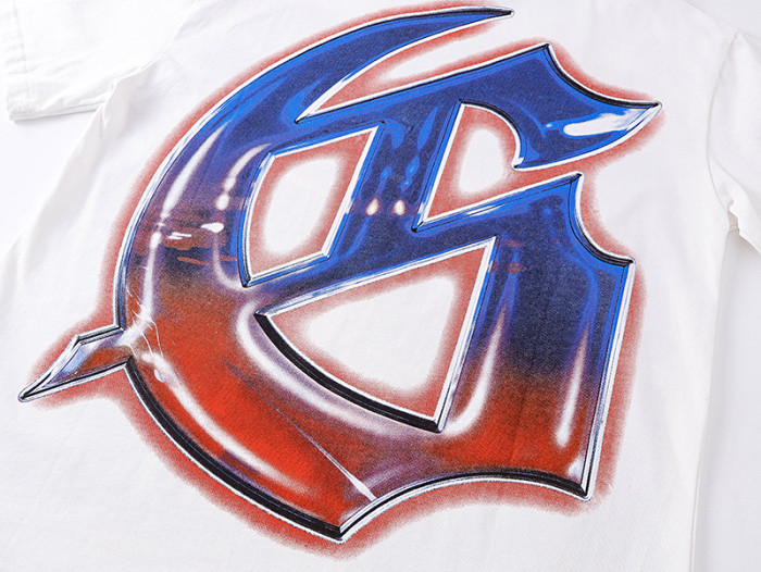 Script Letter Highway Driving Figure Gradient Blue Red GS Logo Double Printed Tee 29287468