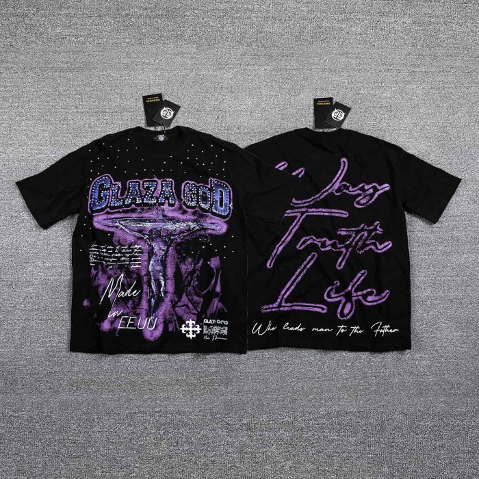 Neck Rhinestone Purple Jesus Cross Script Slogan Double Sided Print T-Shirt 29287091