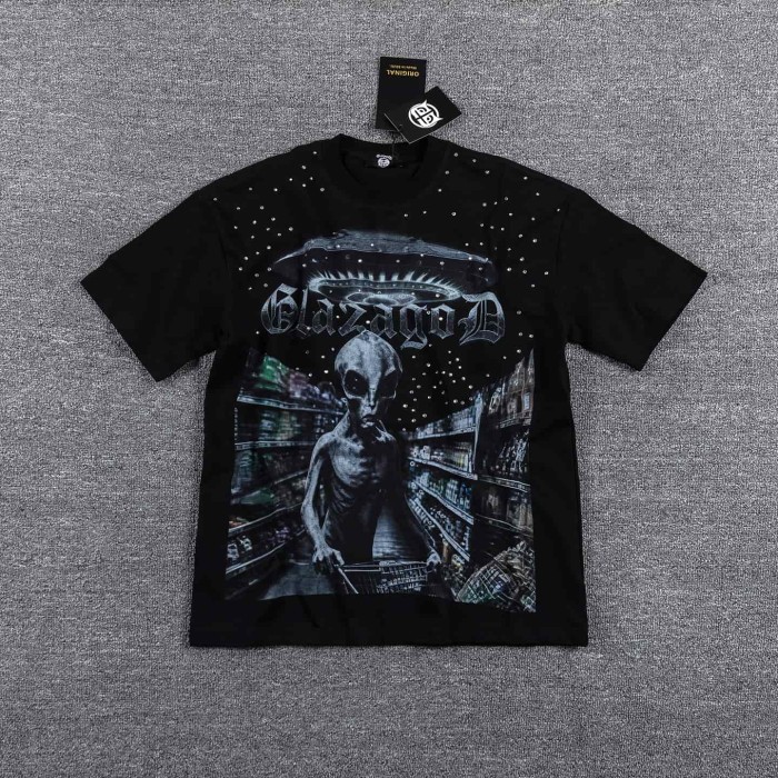 Neck Rhinestone Alien UFO Supermarket Graphic Double Sided Print Oversized T-Shirt 29287058