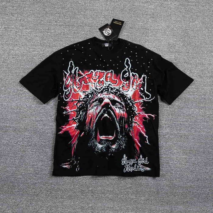 Neck Rhinestone Thorn Crown Jesus Lightning Graphic Double Sided Print T-Shirt 2 colors 29287070