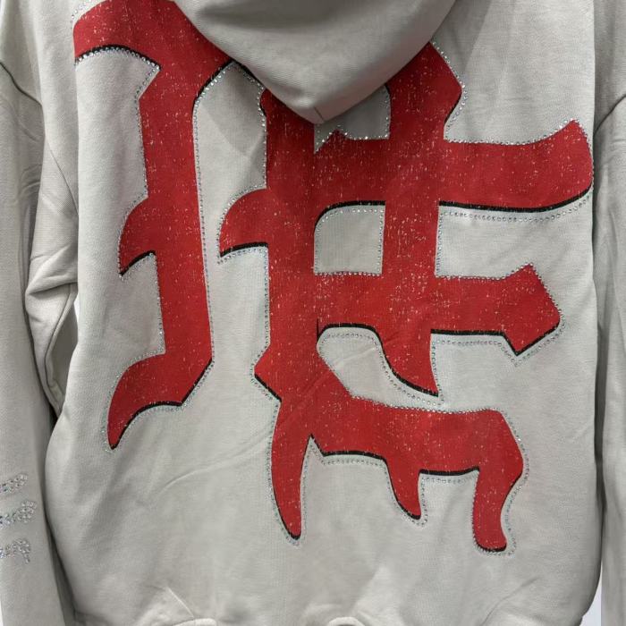 Light Gray Rhinestone Trim Cupid Print Front Back Chinese Character Full Zip Oversized Hoodie 29287183
