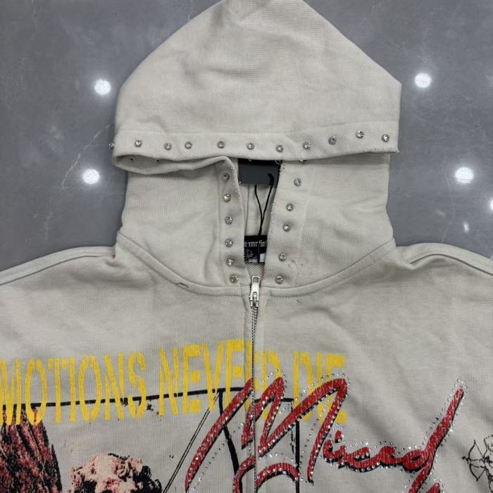 Light Gray Rhinestone Trim Cupid Print Front Back Chinese Character Full Zip Oversized Hoodie 29287183